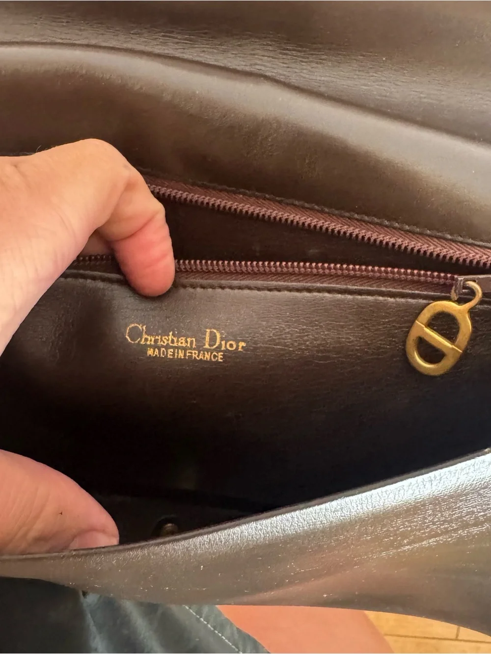 Authentic Christian Dior Large Shoulder Purse Bag Dark Brown Leather Structured